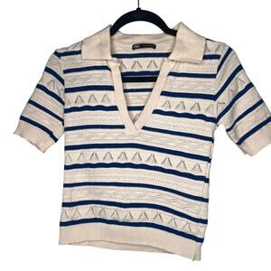 Zara Women’s Small Knit Polo Shirt with Pinstripes, Short Sleeves